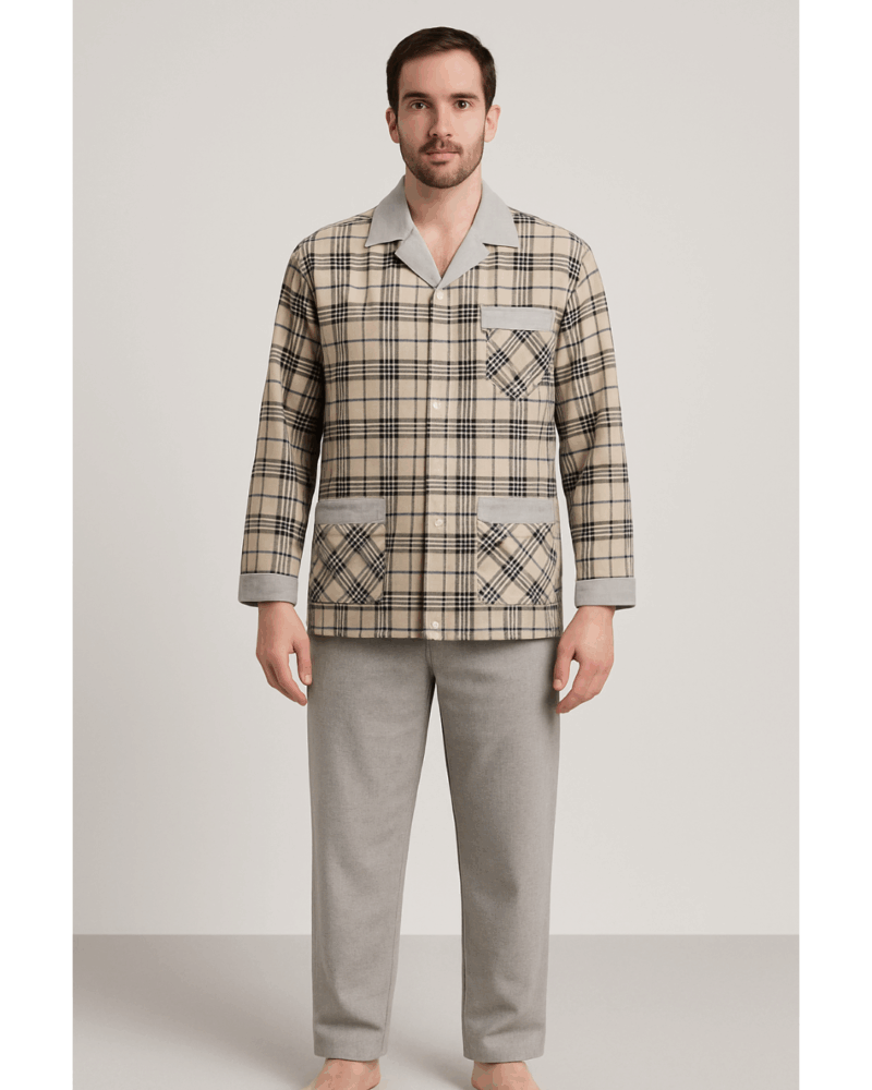بجامة بيت شتائية كلاسيك فلانيل MODEL:37 لون بيج