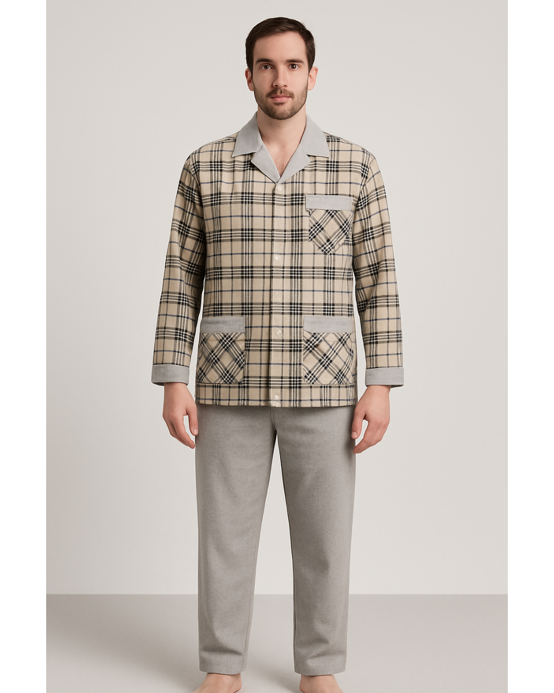 بجامة بيت شتائية كلاسيك فلانيل MODEL:37 لون بيج