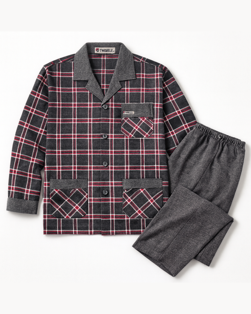 بجامة بازة شتوي قماش فلانيل ناعم لون أسود رصاصي غامق 107