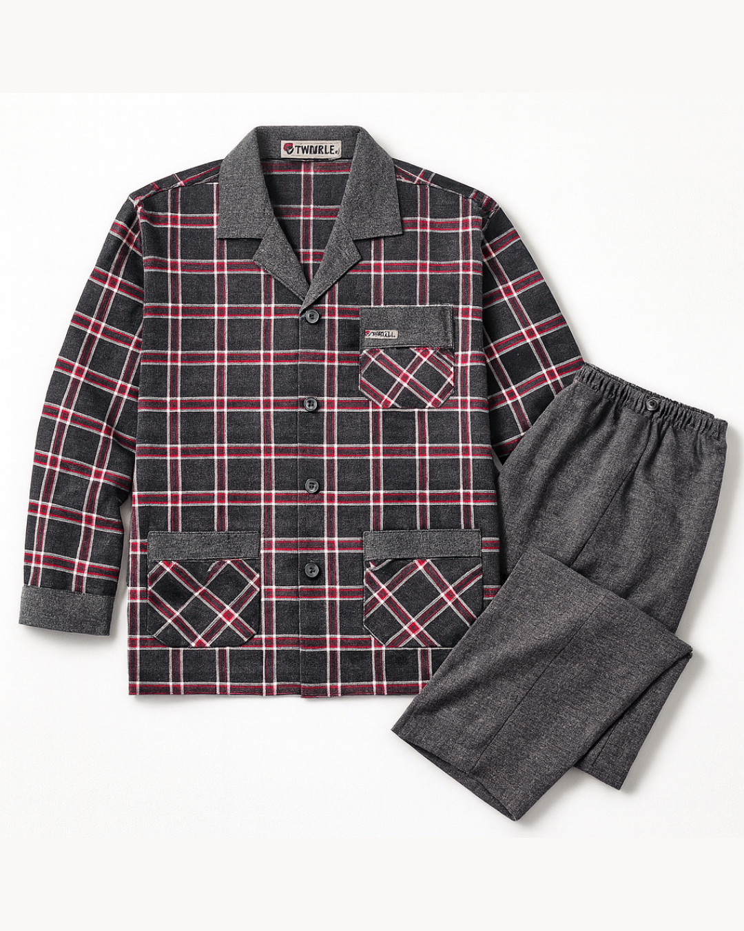 بجامة بازة شتوي قماش فلانيل ناعم لون أسود رصاصي غامق 107