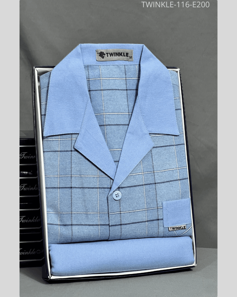 بجامة بيت بازة قطن شتوي رجالي سمائي نسيج فلانيل