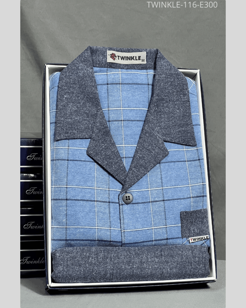 بجامة بيت بازة قطن شتوي رجالي نيلي نسيج فلانيل
