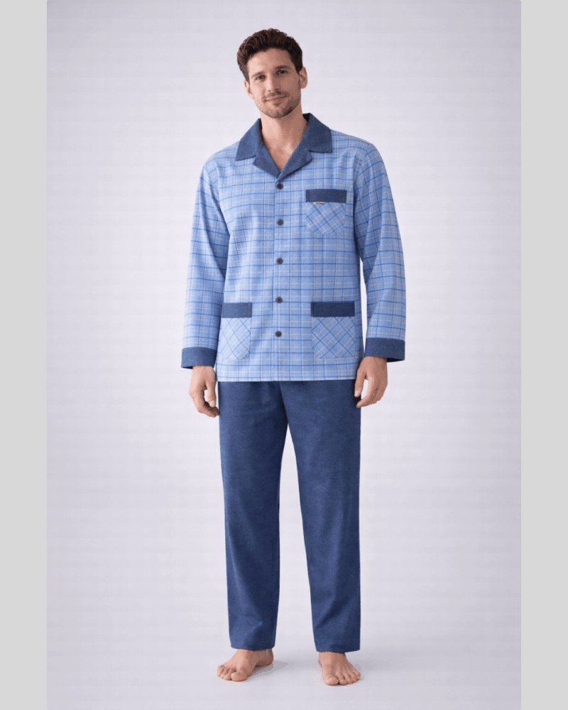 بجامة بيت بازة قطن شتوي رجالي نيلي نسيج فلانيل