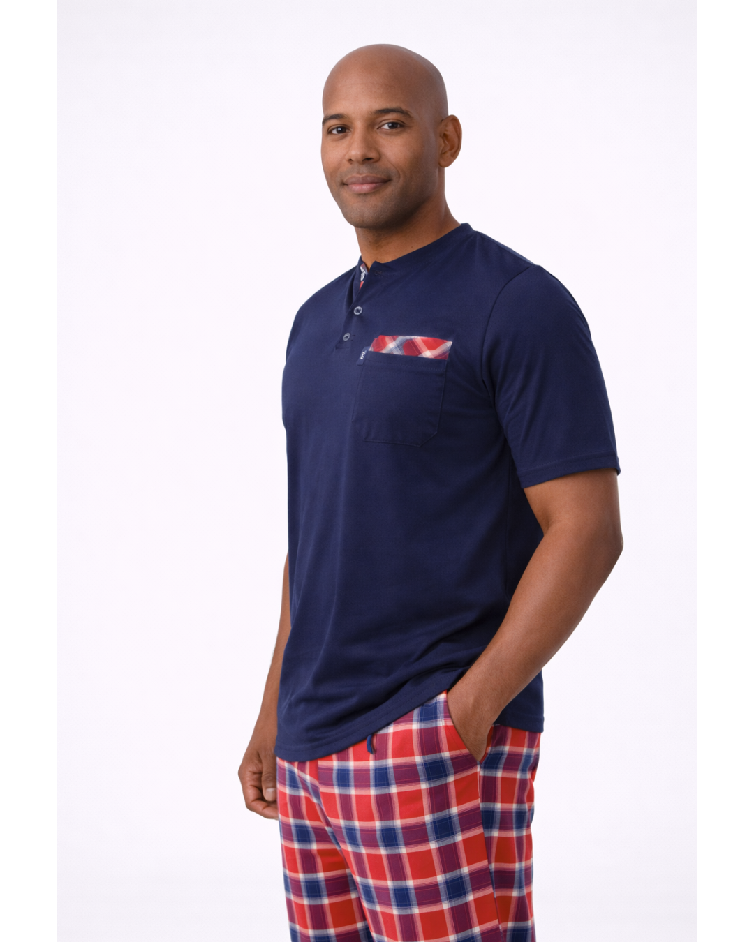 بجامة رجالي لون نيلي بنطال كاروا احمر - الصورة 2