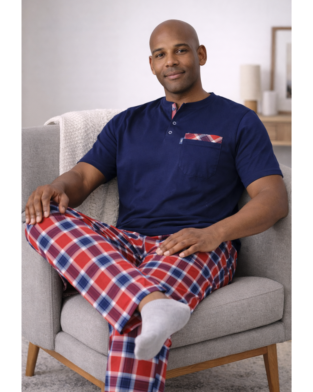 بجامة رجالي لون نيلي بنطال كاروا احمر - الصورة 6